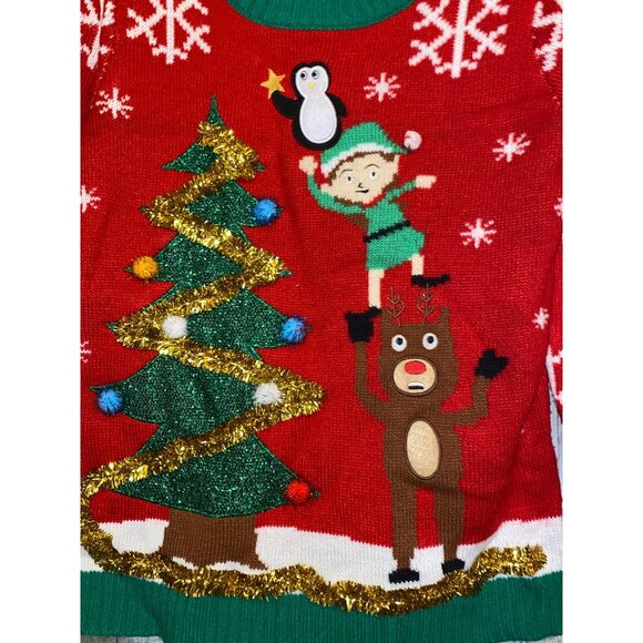 Joyland Ugly Christmas Sweater Rudolph Decorating Tree w/ Elf Snowflakes 3-D - Picture 4 of 8